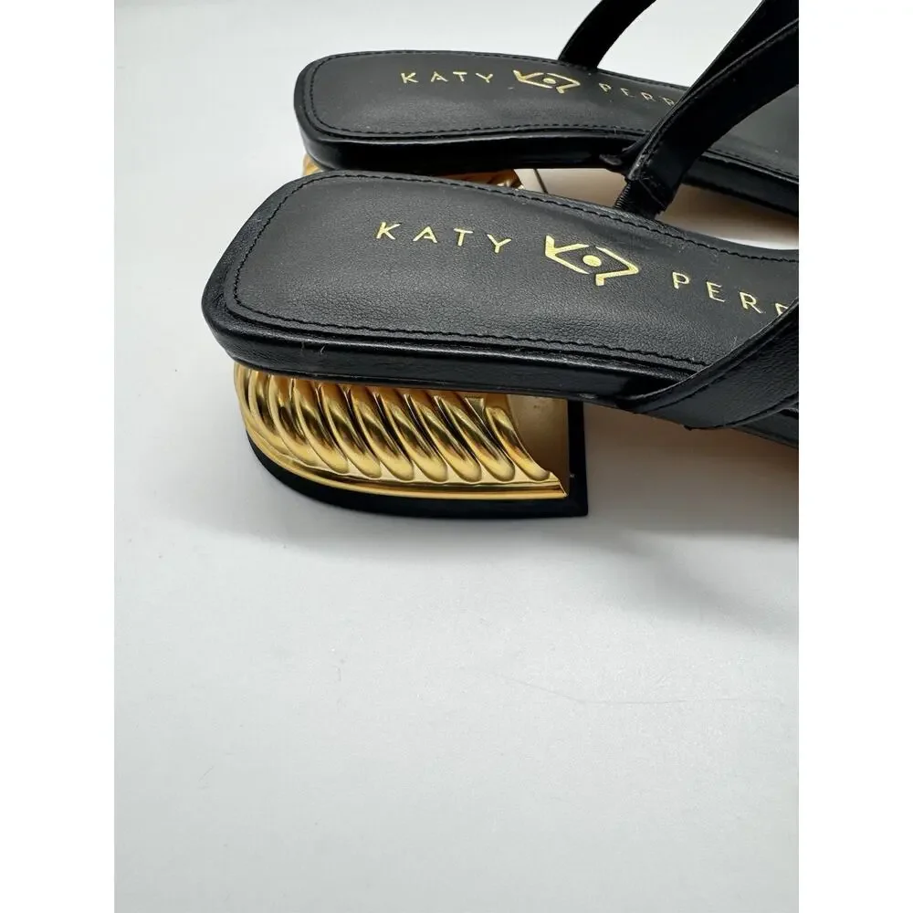 NWB Katy Perry The Framing Low Heel Sandals Black/Gold Square Toe Women’s Size 5
